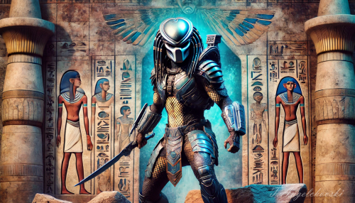 "Hunter of the Nile: Guardian of Ancient Secrets" is inspired by Muldoom's "Sexy Predator Girl | Hunt in Egypt" found on DeviantArt.
(https://www.deviantart.com/muldoom/art/sexy-Predator-Girl-Hunt-in-Egypt-FREE-wallpaper-1068058337) 
This creative fusion blends the futuristic mystique of aliens with the rich history of Ancient Egypt. Armed with a symbolic weapon and adorned in armor etched with ancient hieroglyphs, this warrior stands as a guardian of forgotten secrets and a symbol of enduring strength and protection. The artwork prompts reflection on the intertwining of past and future, as well as the eternal struggle between predator and prey through the ages.