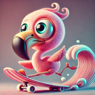 DALLE-2024-07-10-20.35.41---A-stunning-image-of-a-cute-adorable-wacky-flamingo-on-the-go-moody-grainy-noisy-concept-art-meaningful-visual-art-detailed-painting-digital-ill