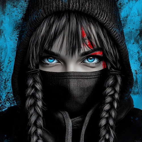 Look into the eyes of this figure, and you'll feel the power of sheer will, untainted by fear. The icy blue eyes of the young woman, hidden behind a black mask, carry the story of battles not easily fought but always met with resolve. The dark braids and hood amplify her ominous and enigmatic appearance, while the red mark above her eyebrow radiates the strength of rebellion and defiance. She is the gateway to a world where cold-blooded determination and strength are not just traits but a way of life. The blue and black background is not just a backdrop-it is the heartbeat of this world, one that you can own. This piece embodies icy resolve and unbreakable will, making it a striking addition to any collection.