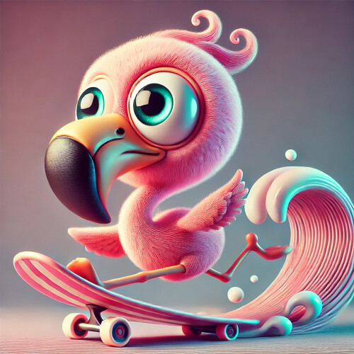 The Wacky Flamingo on a Skateboard