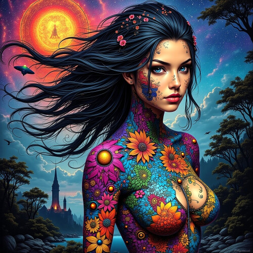 This stunning artwork tells a story of magic and aesthetics. The model, adorned with a sea of vivid flowers, symbolizes the connection between nature and beauty. Her hair, flowing in the evening breeze, carries the scent of freedom, while the background with its glowing moon and mystical tower adds an aura of mystery. Each intricately detailed floral pattern on her body radiates power and inspiration, creating harmony between humanity and the cosmos.

The image is optimized at 200 DPI to highlight every detail and the vibrancy of the colors. 🌟